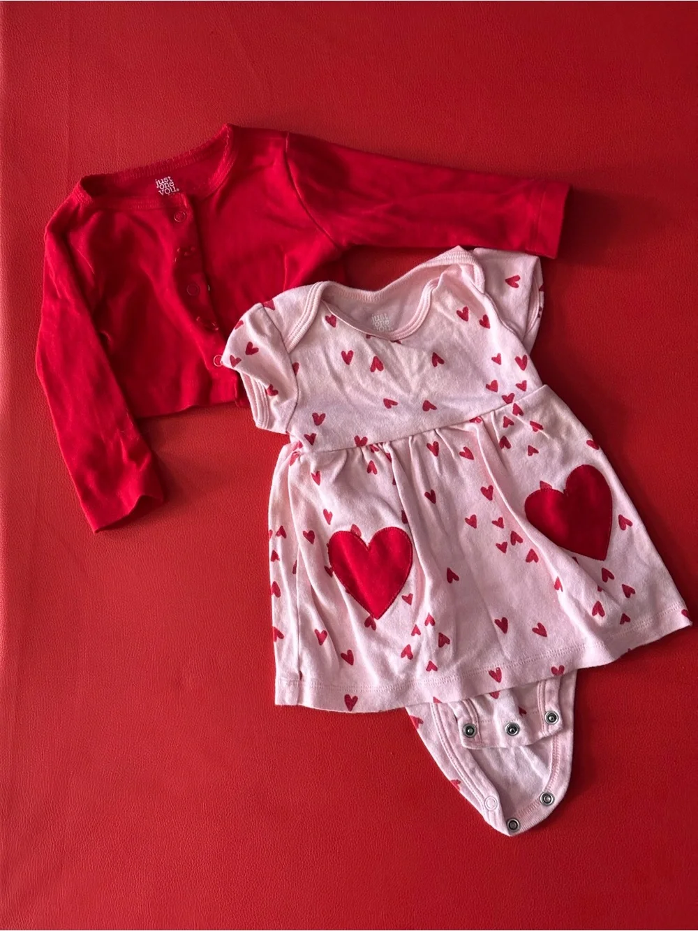 Red Heart Print Baby Matching Set - Dress with Red Cardigan